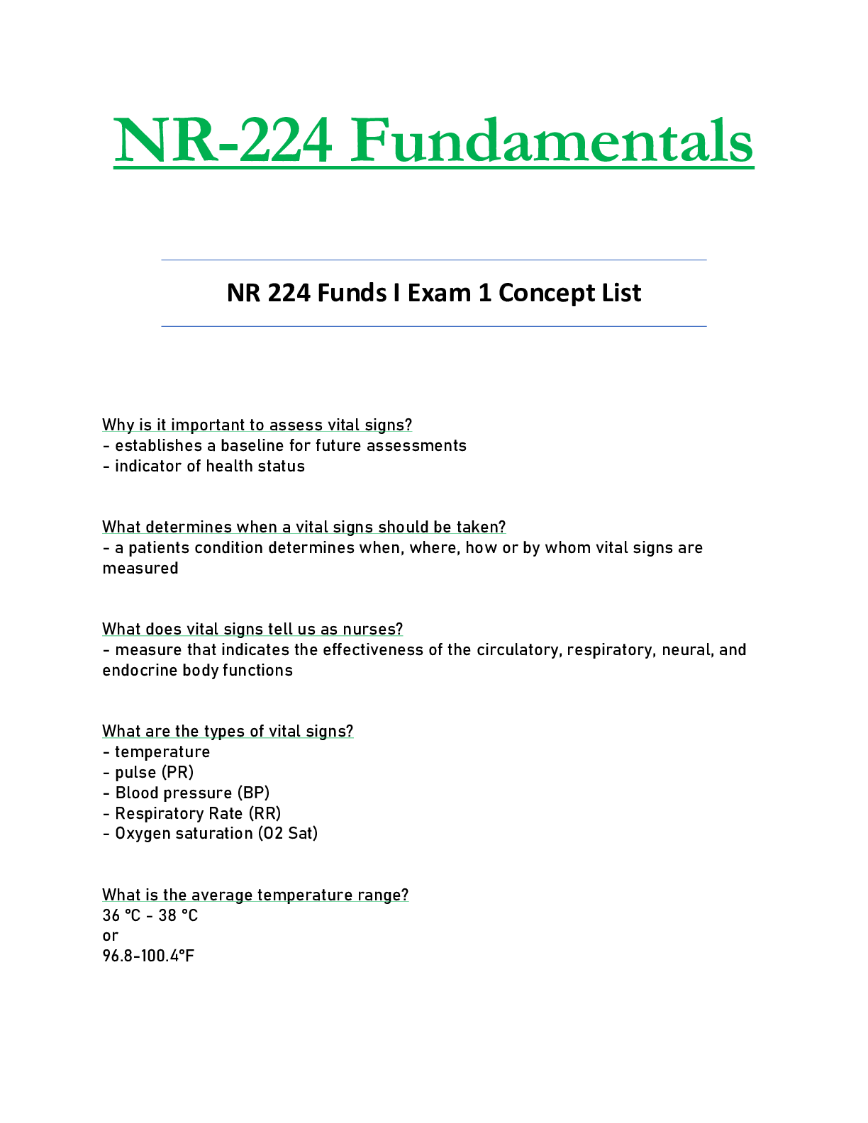 Recommended document preview for NR224 / NR 224 Exam 1 Concept List Updated Fundamentals - Chamberlain